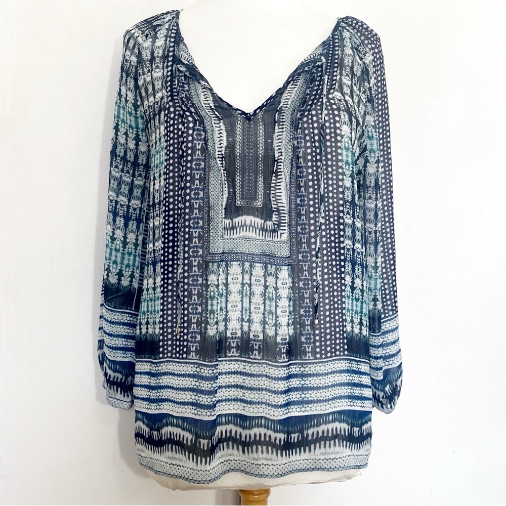 Women's Navy and Teal Printed V-Neck Blouse